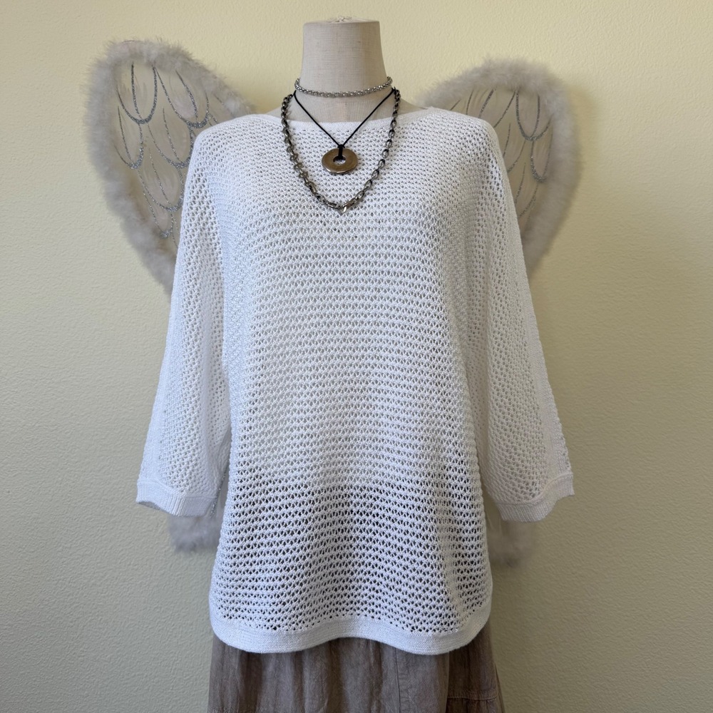 Boho White Open‎ Knit Crochet Boat Neck Sweater Top Sheer Mesh Layering Cover Up